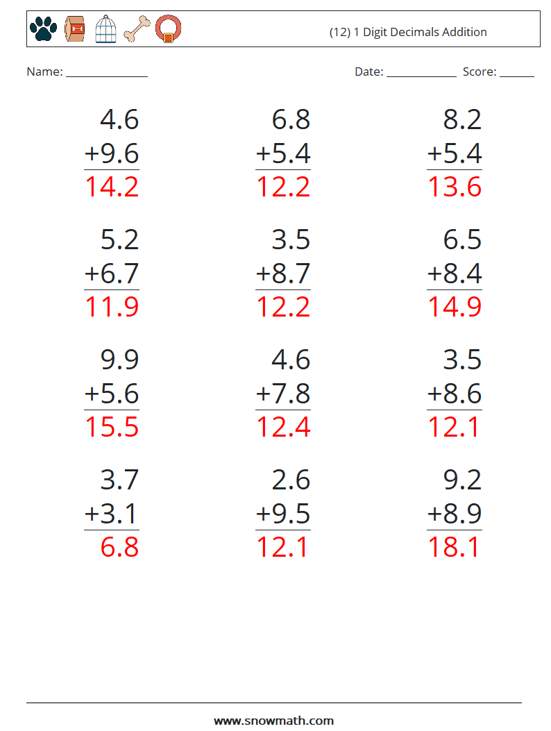 (12) 1 Digit Decimals Addition Maths Worksheets 2 Question, Answer