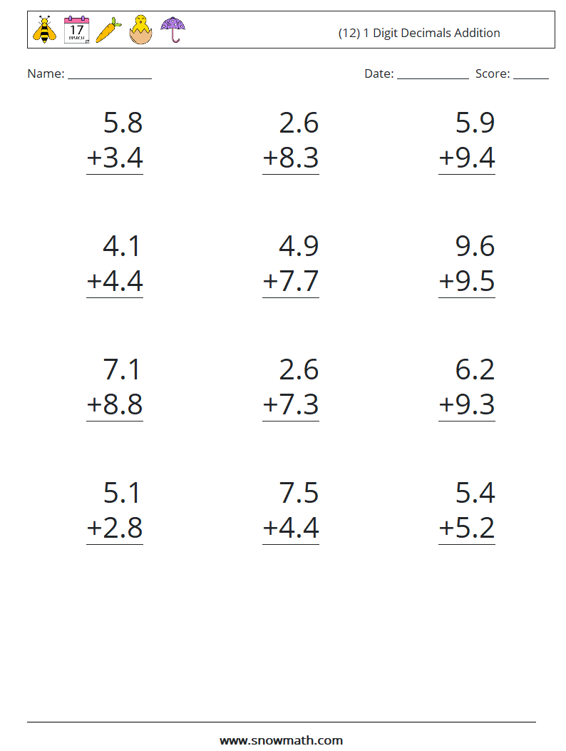 (12) 1 Digit Decimals Addition Maths Worksheets 3