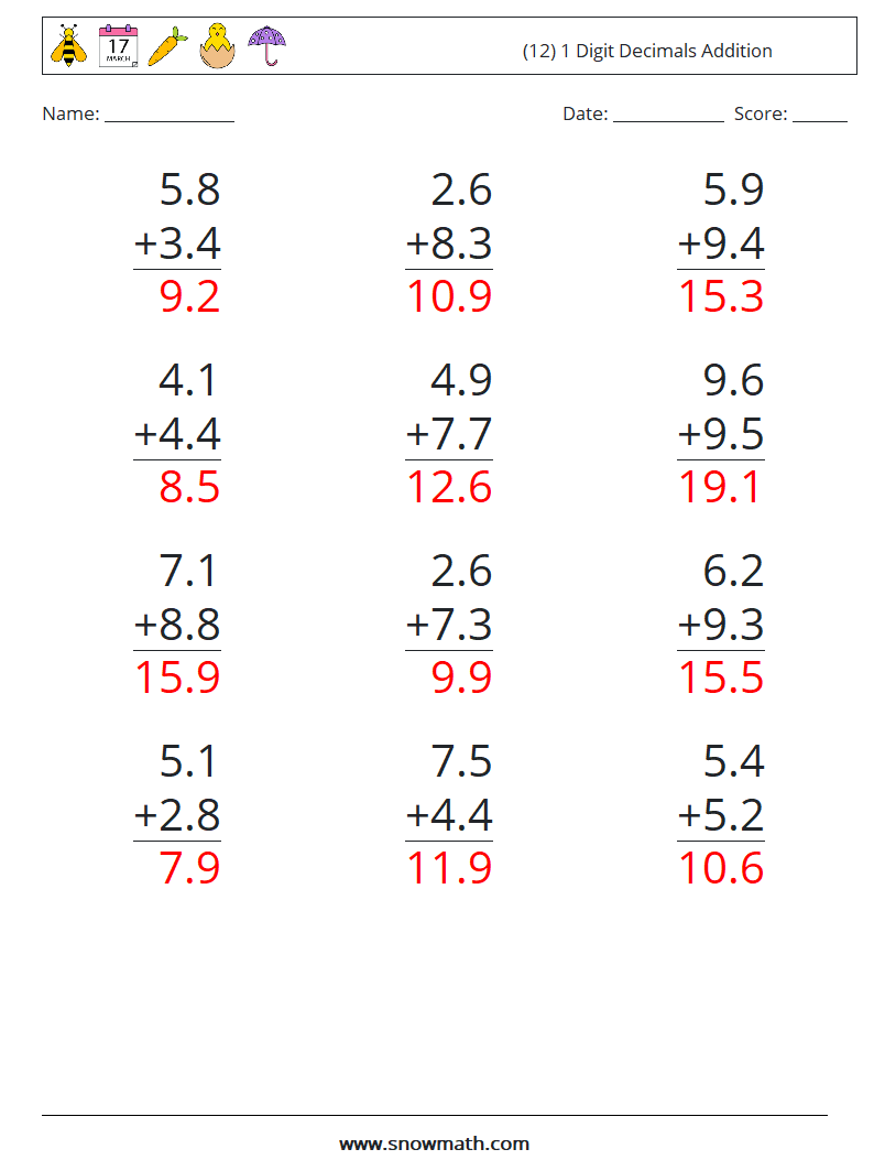 (12) 1 Digit Decimals Addition Maths Worksheets 3 Question, Answer