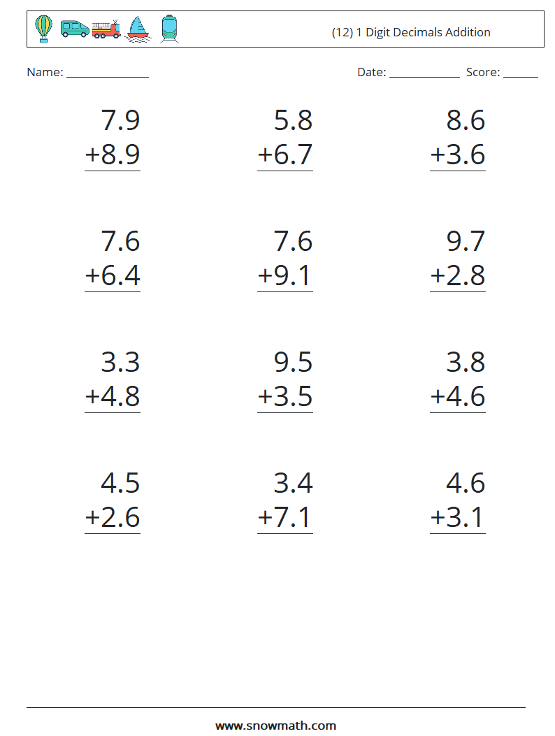 (12) 1 Digit Decimals Addition Maths Worksheets 4