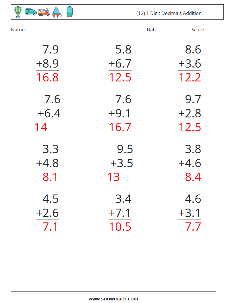 (12) 1 Digit Decimals Addition Maths Worksheets 4 Question, Answer