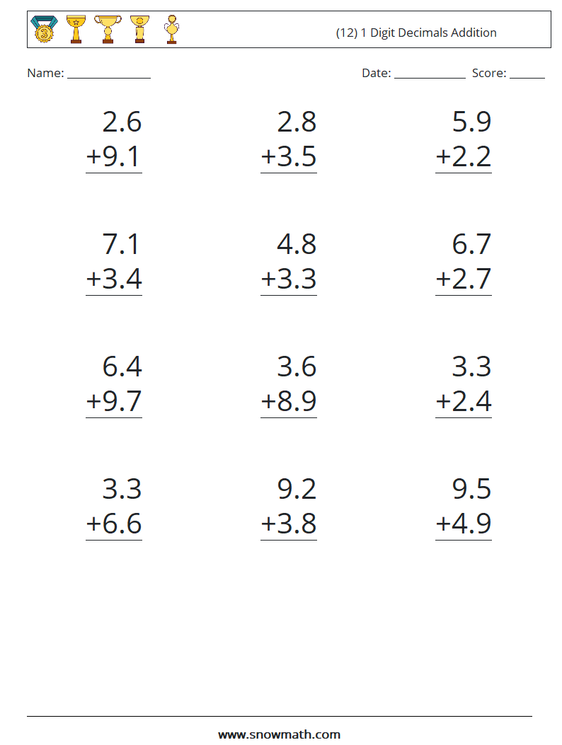 (12) 1 Digit Decimals Addition Maths Worksheets 6