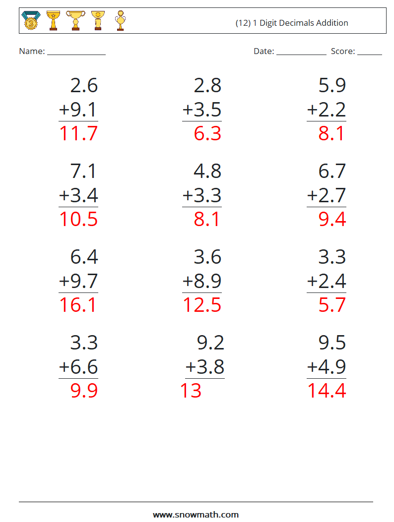 (12) 1 Digit Decimals Addition Maths Worksheets 6 Question, Answer