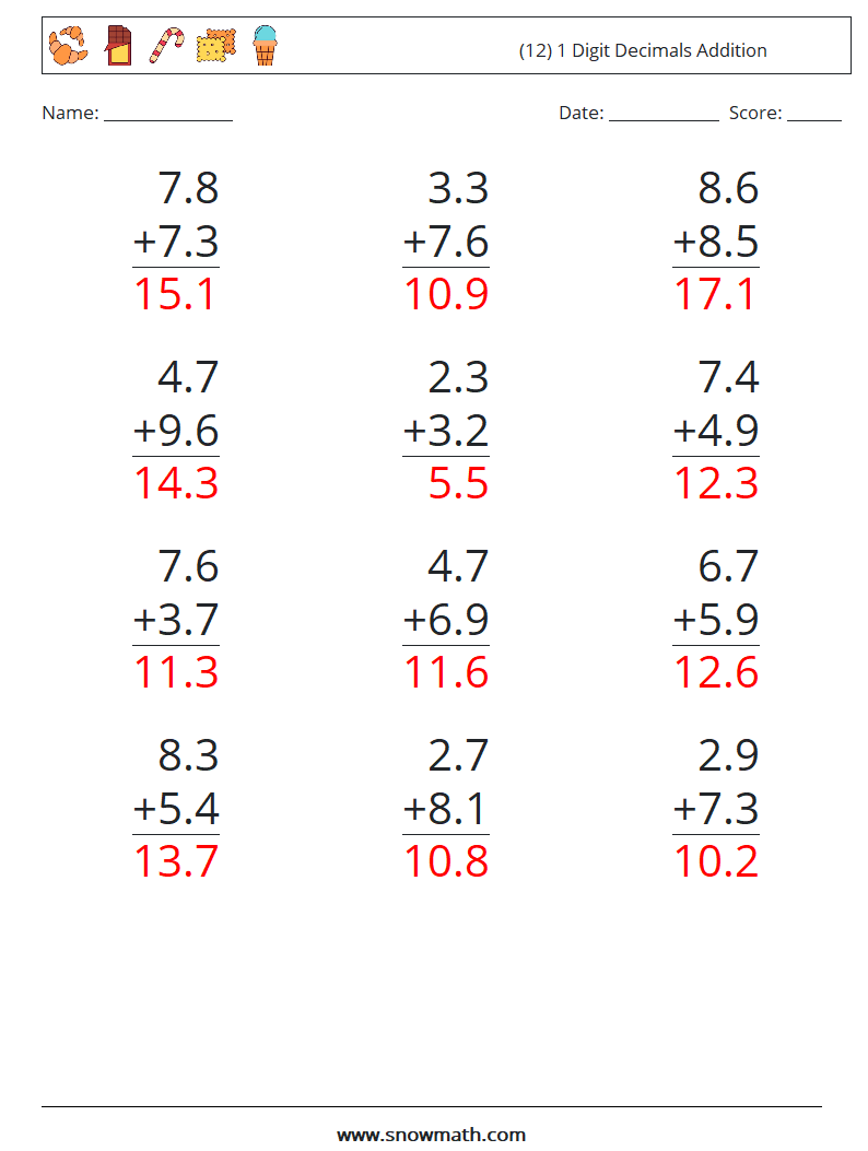 (12) 1 Digit Decimals Addition Maths Worksheets 7 Question, Answer