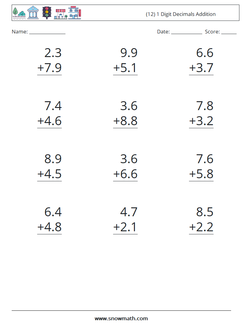 (12) 1 Digit Decimals Addition Maths Worksheets 8