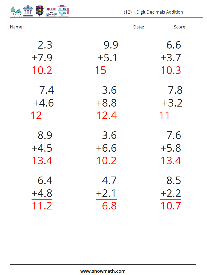 (12) 1 Digit Decimals Addition Maths Worksheets 8 Question, Answer