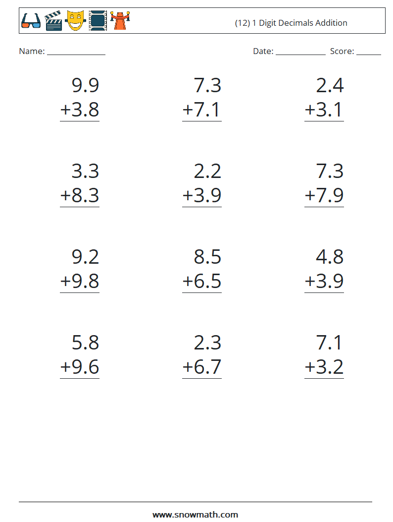 (12) 1 Digit Decimals Addition Maths Worksheets 9