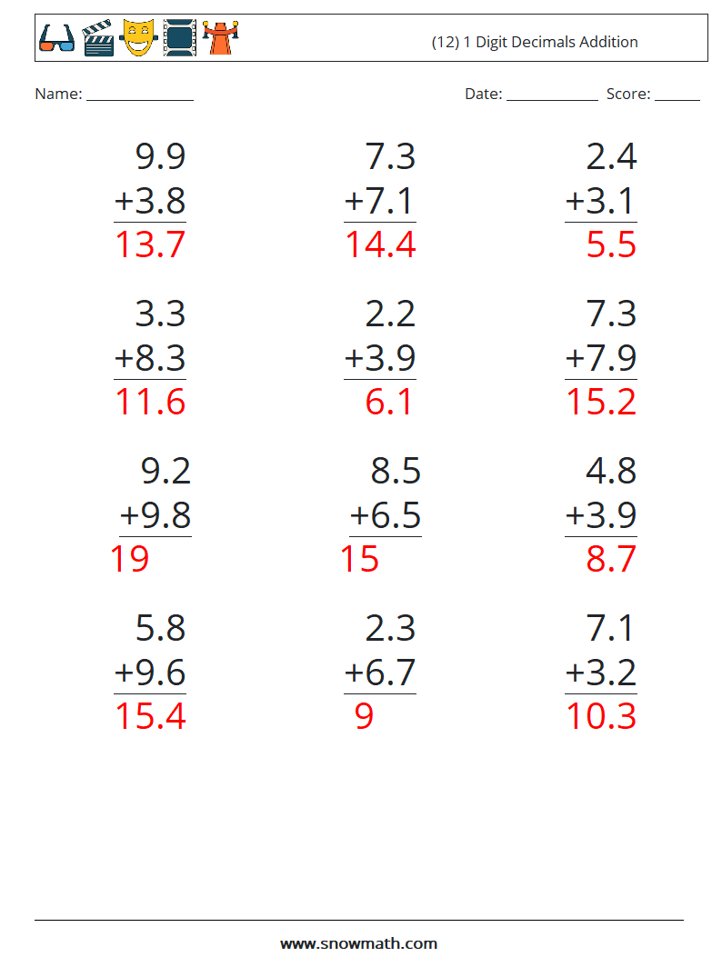 (12) 1 Digit Decimals Addition Maths Worksheets 9 Question, Answer