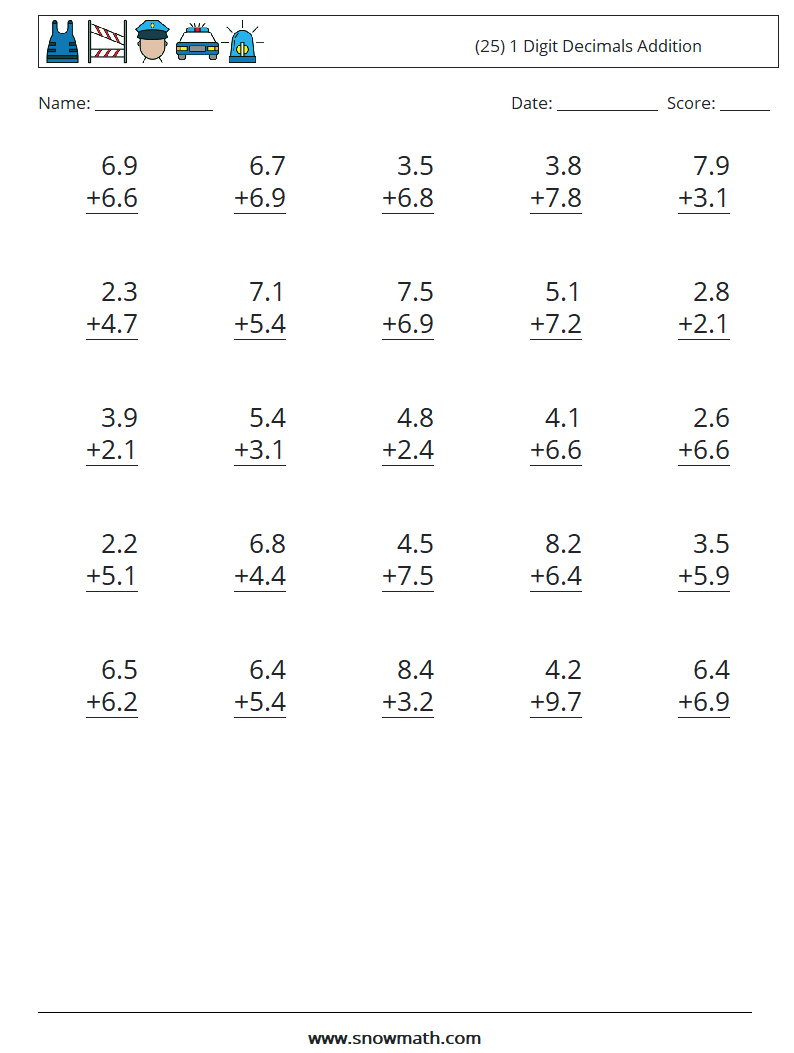 (25) 1 Digit Decimals Addition Maths Worksheets 1
