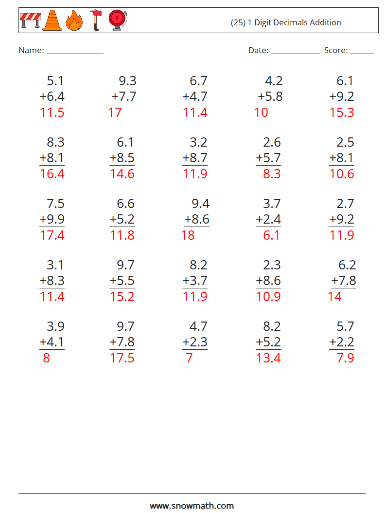 (25) 1 Digit Decimals Addition Maths Worksheets 10 Question, Answer