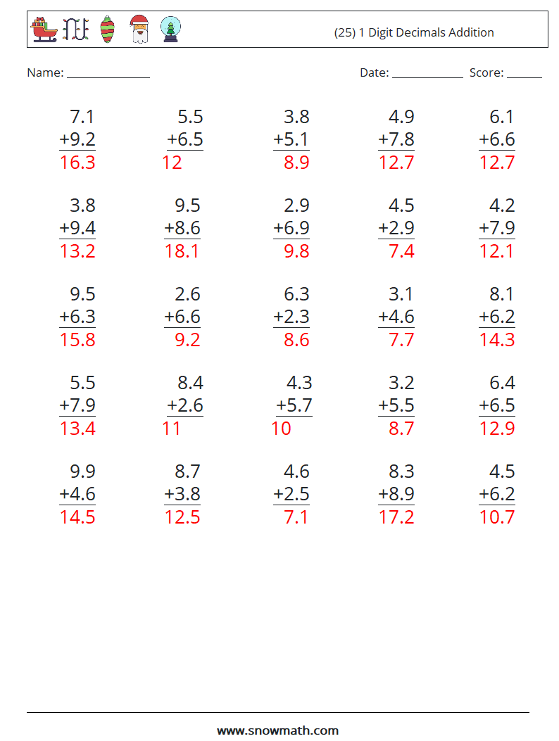 (25) 1 Digit Decimals Addition Maths Worksheets 11 Question, Answer