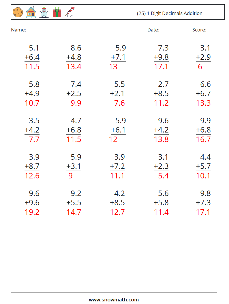 (25) 1 Digit Decimals Addition Maths Worksheets 12 Question, Answer