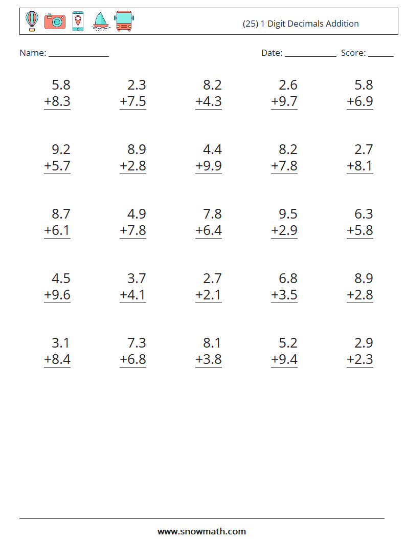 (25) 1 Digit Decimals Addition Maths Worksheets 13