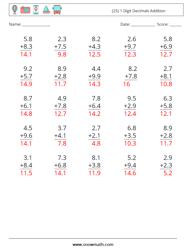 (25) 1 Digit Decimals Addition Maths Worksheets 13 Question, Answer