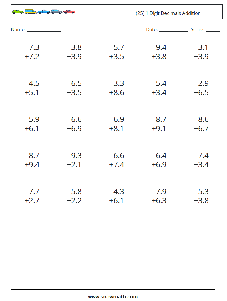 (25) 1 Digit Decimals Addition Maths Worksheets 14