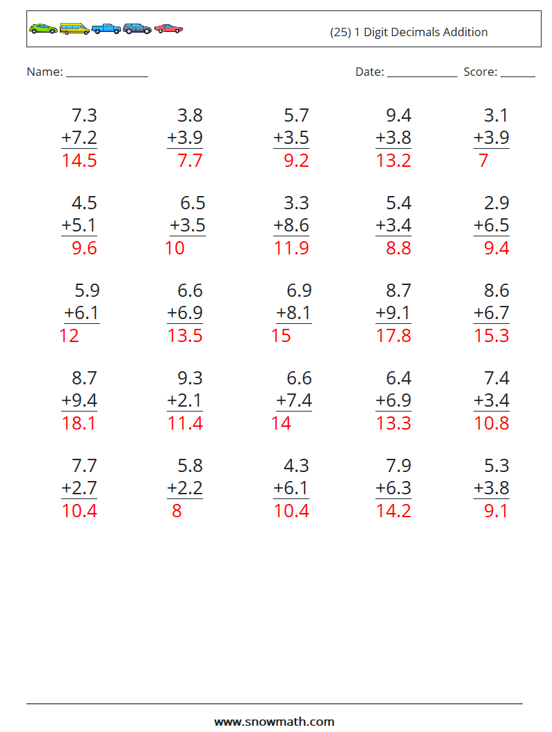 (25) 1 Digit Decimals Addition Maths Worksheets 14 Question, Answer