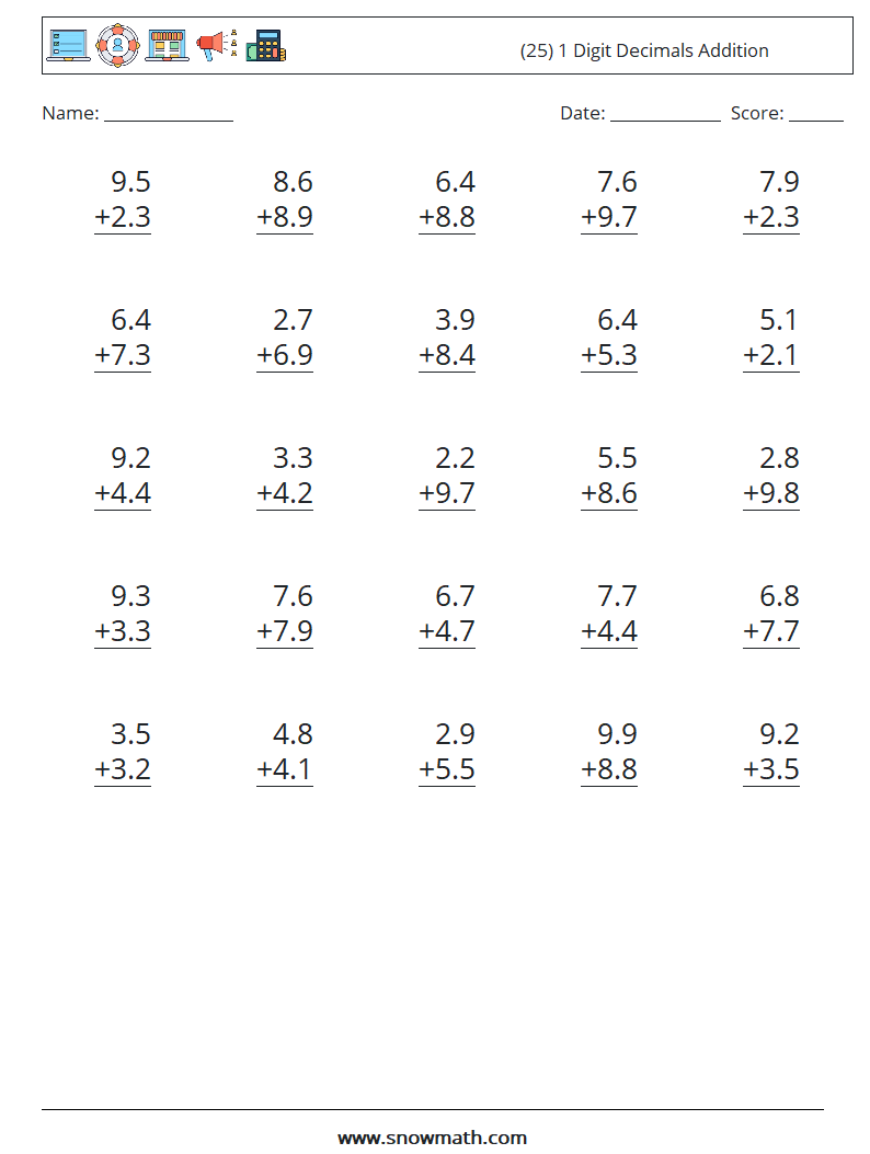 (25) 1 Digit Decimals Addition Maths Worksheets 15