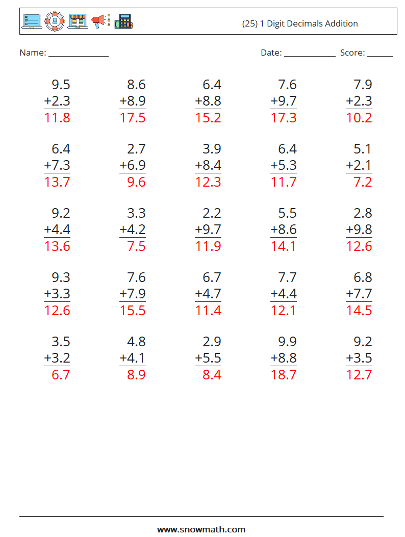 (25) 1 Digit Decimals Addition Maths Worksheets 15 Question, Answer