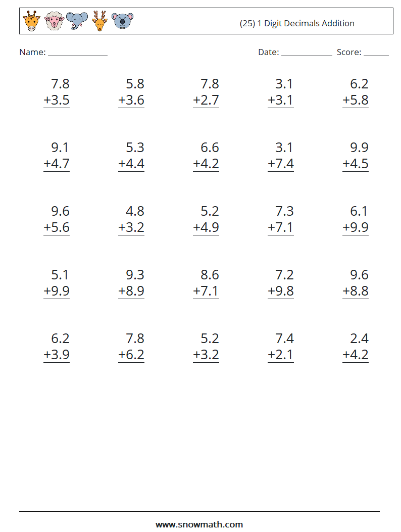 (25) 1 Digit Decimals Addition Maths Worksheets 16