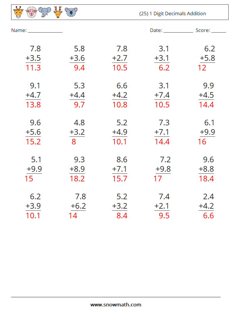(25) 1 Digit Decimals Addition Maths Worksheets 16 Question, Answer