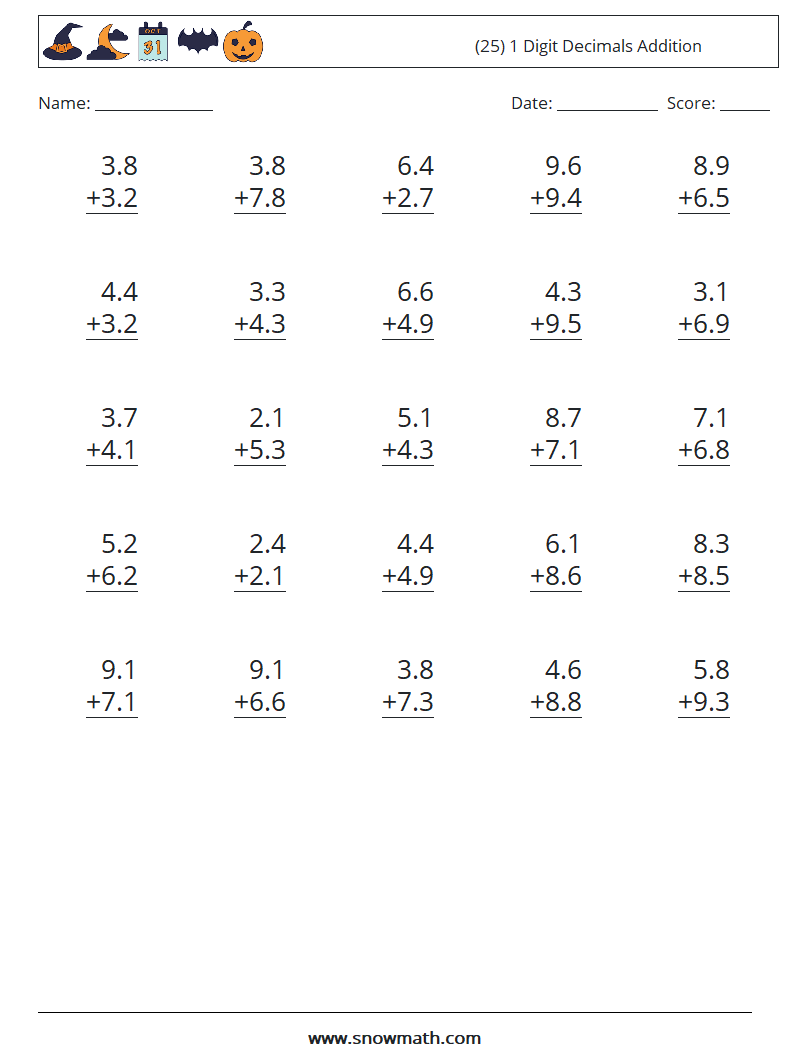 (25) 1 Digit Decimals Addition Maths Worksheets 17