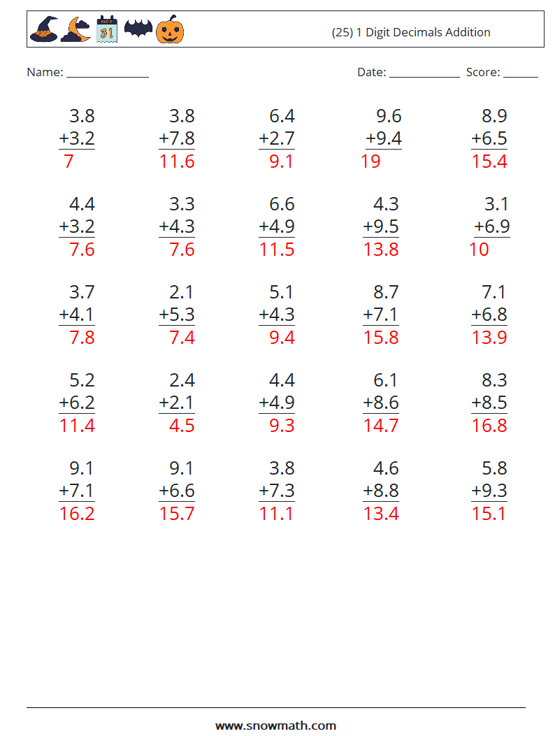 (25) 1 Digit Decimals Addition Maths Worksheets 17 Question, Answer