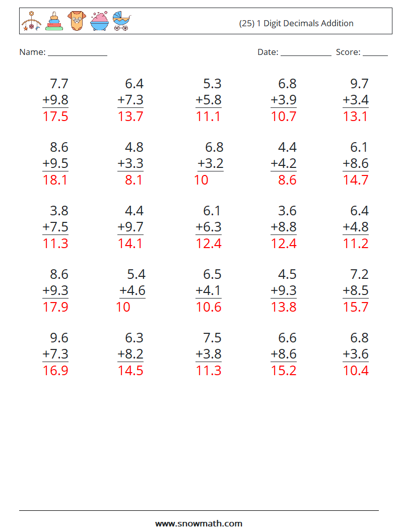 (25) 1 Digit Decimals Addition Maths Worksheets 18 Question, Answer