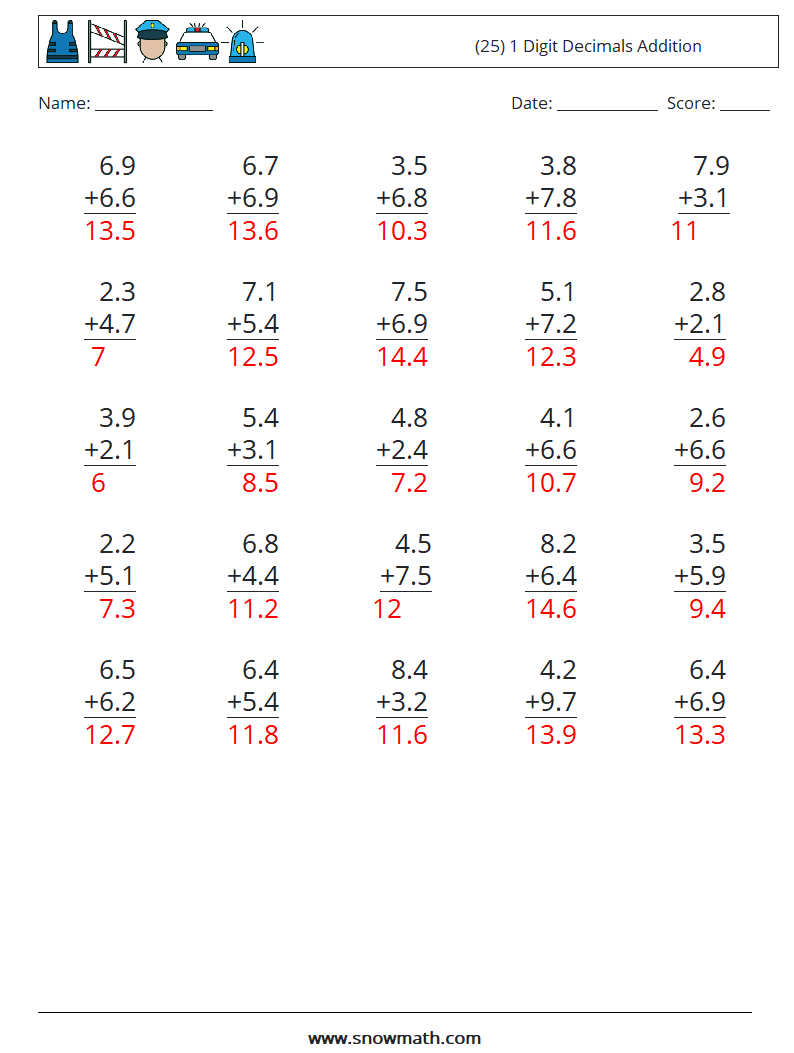 (25) 1 Digit Decimals Addition Maths Worksheets 1 Question, Answer