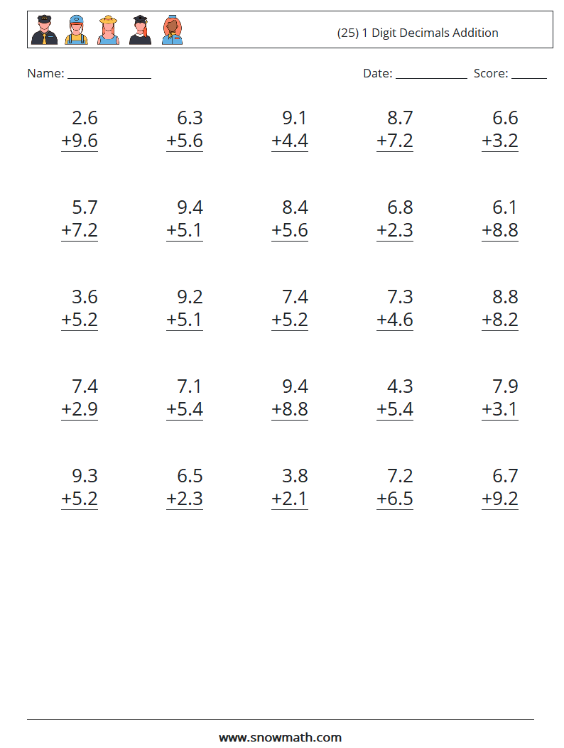 (25) 1 Digit Decimals Addition Maths Worksheets 2