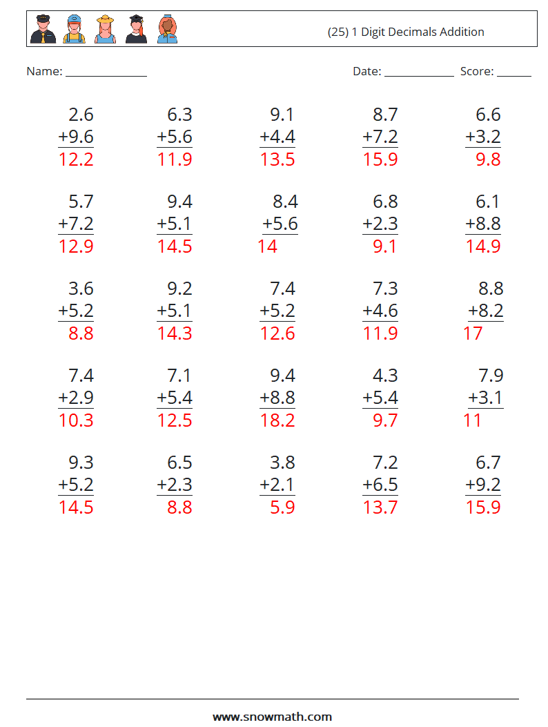 (25) 1 Digit Decimals Addition Maths Worksheets 2 Question, Answer