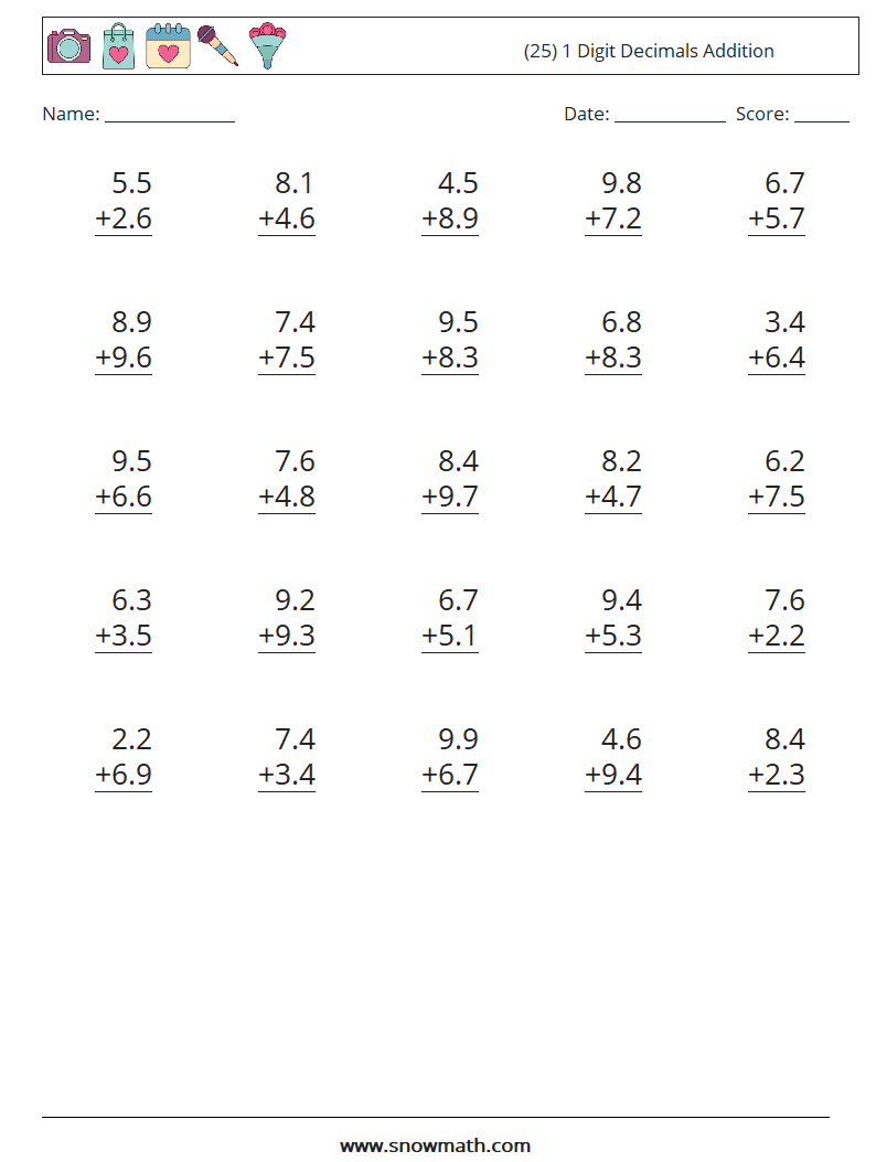 (25) 1 Digit Decimals Addition Maths Worksheets 3