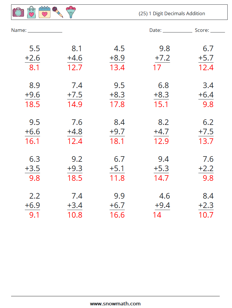 (25) 1 Digit Decimals Addition Maths Worksheets 3 Question, Answer
