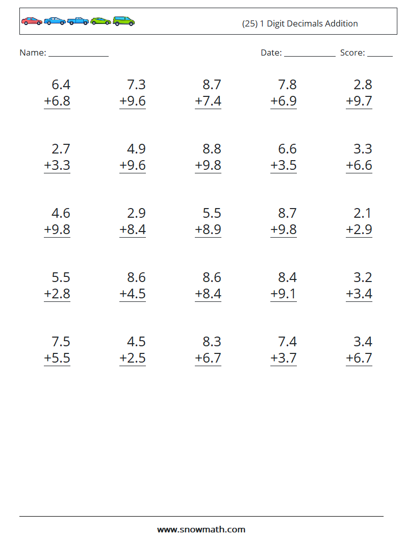 (25) 1 Digit Decimals Addition Maths Worksheets 4