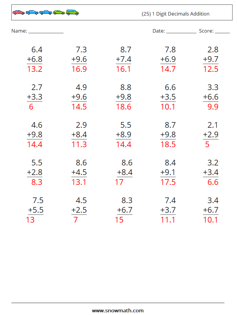 (25) 1 Digit Decimals Addition Maths Worksheets 4 Question, Answer