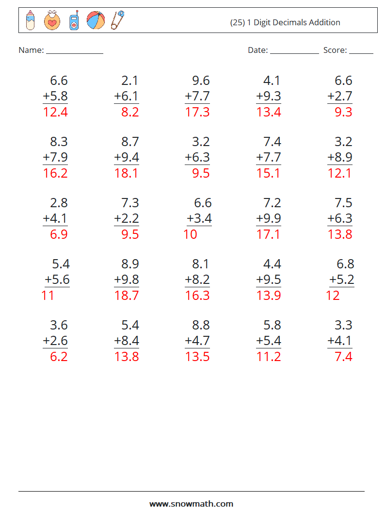 (25) 1 Digit Decimals Addition Maths Worksheets 5 Question, Answer