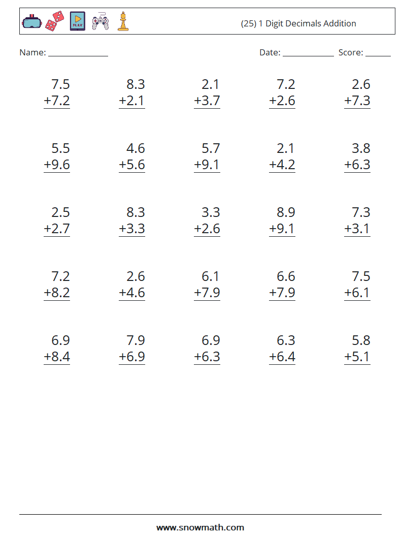 (25) 1 Digit Decimals Addition Maths Worksheets 6