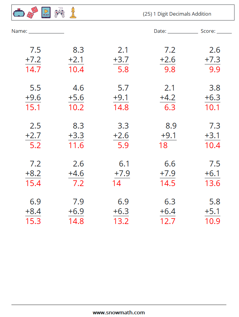 (25) 1 Digit Decimals Addition Maths Worksheets 6 Question, Answer