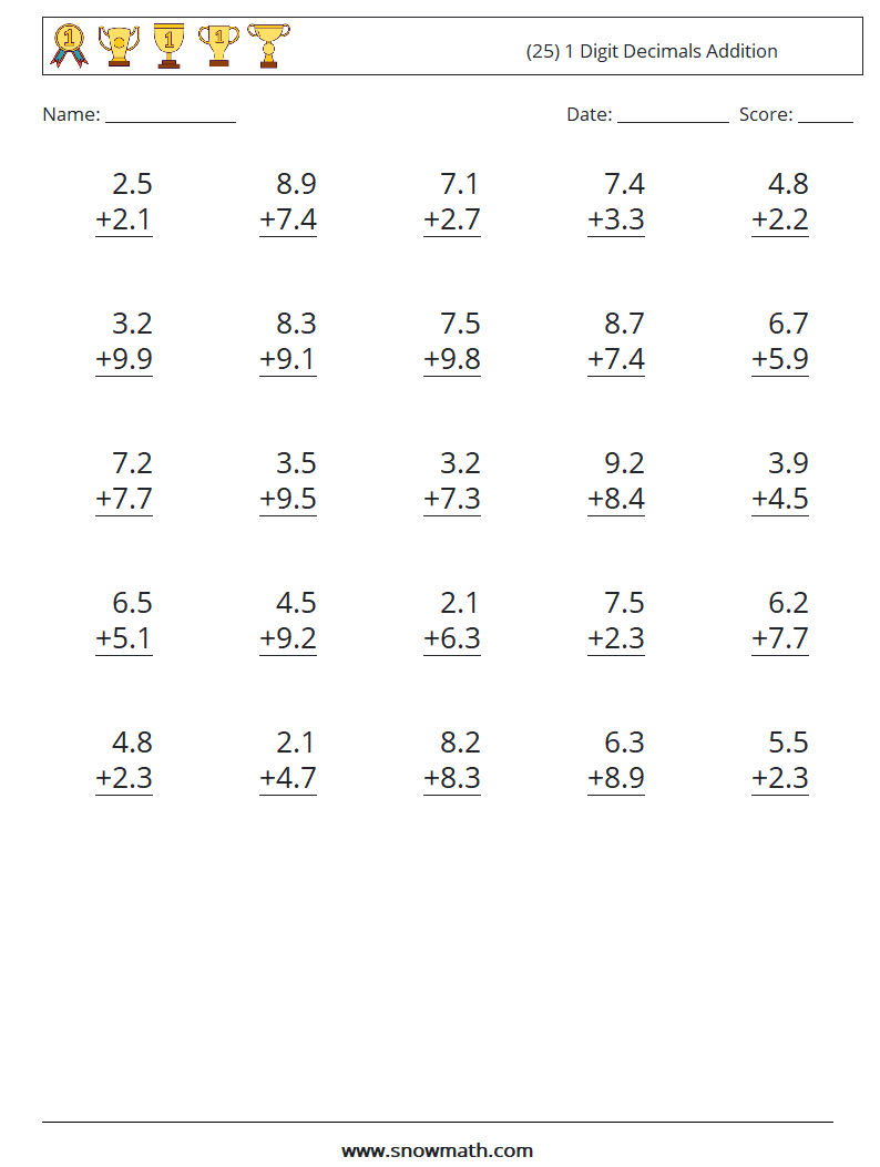 (25) 1 Digit Decimals Addition Maths Worksheets 7