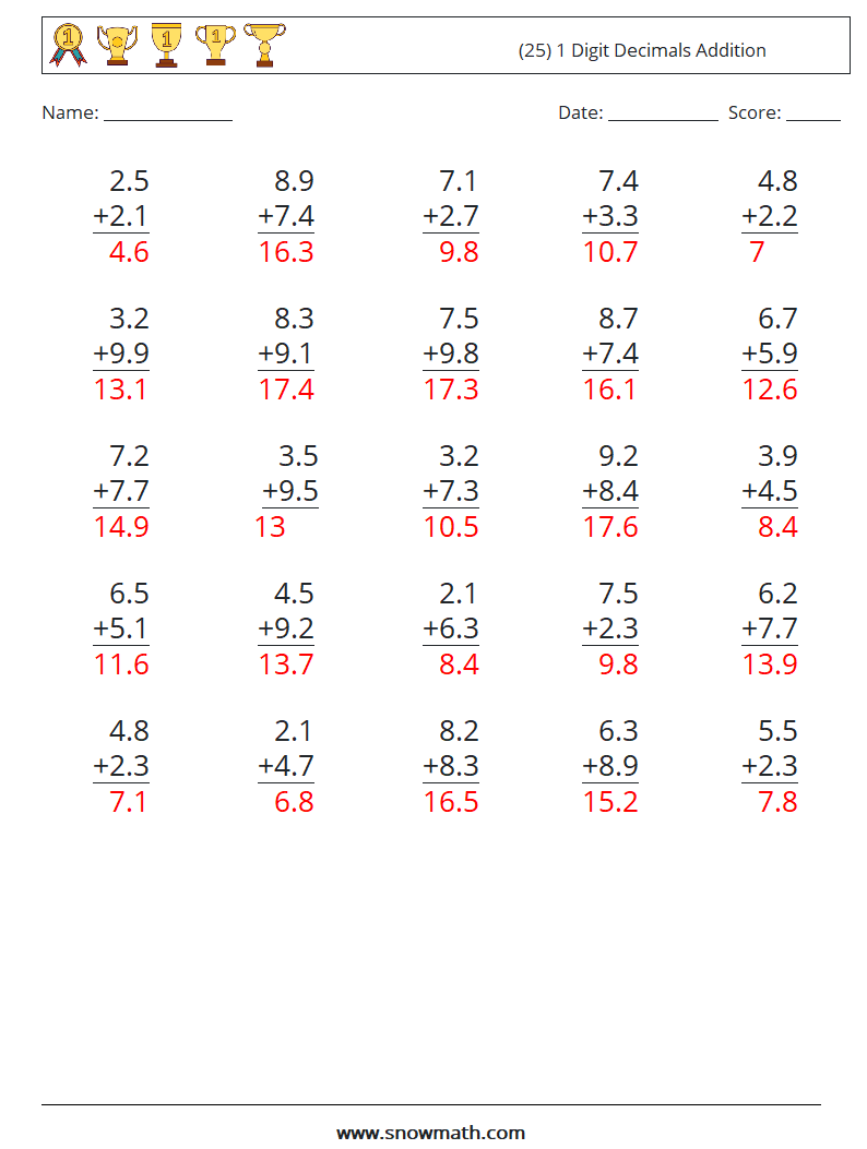 (25) 1 Digit Decimals Addition Maths Worksheets 7 Question, Answer