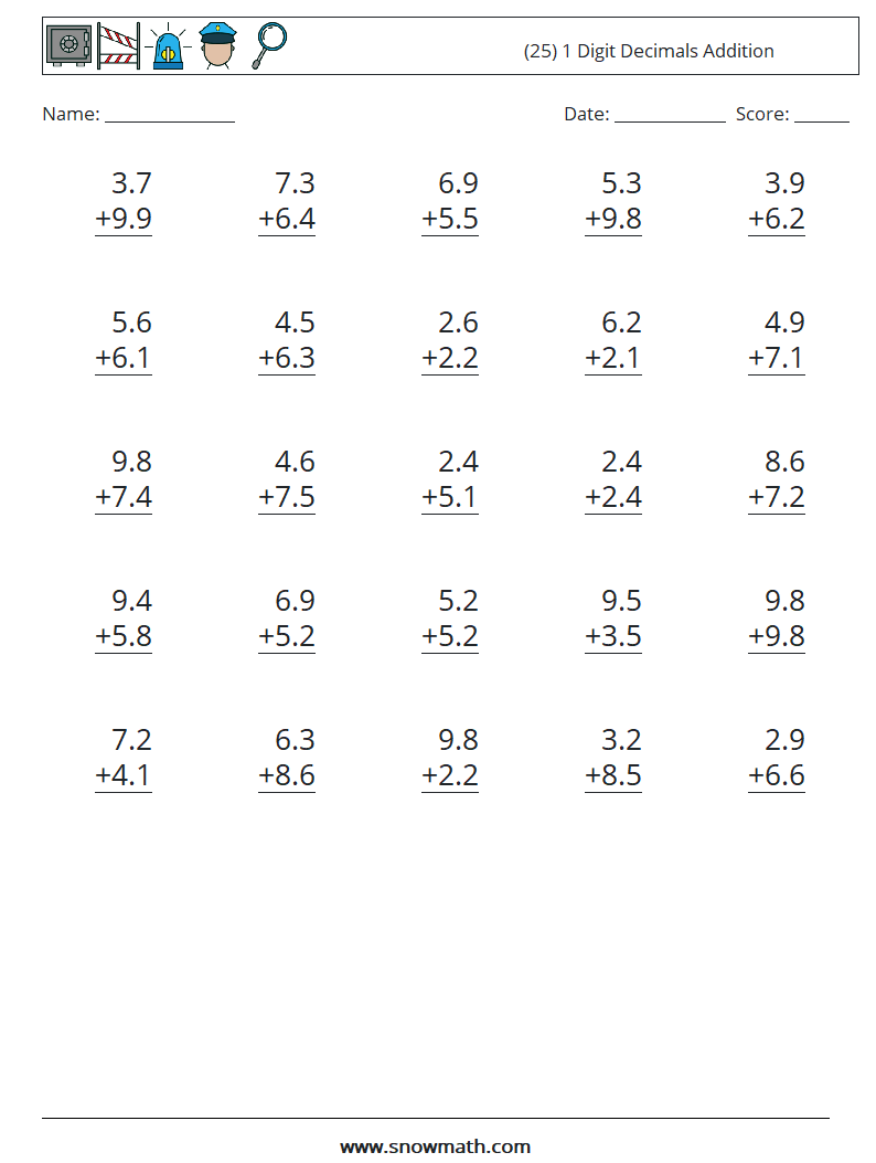 (25) 1 Digit Decimals Addition Maths Worksheets 8