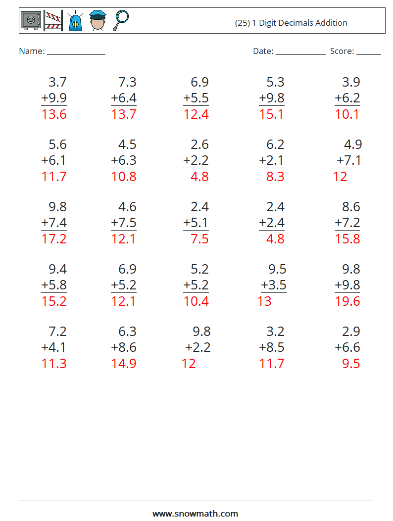 (25) 1 Digit Decimals Addition Maths Worksheets 8 Question, Answer