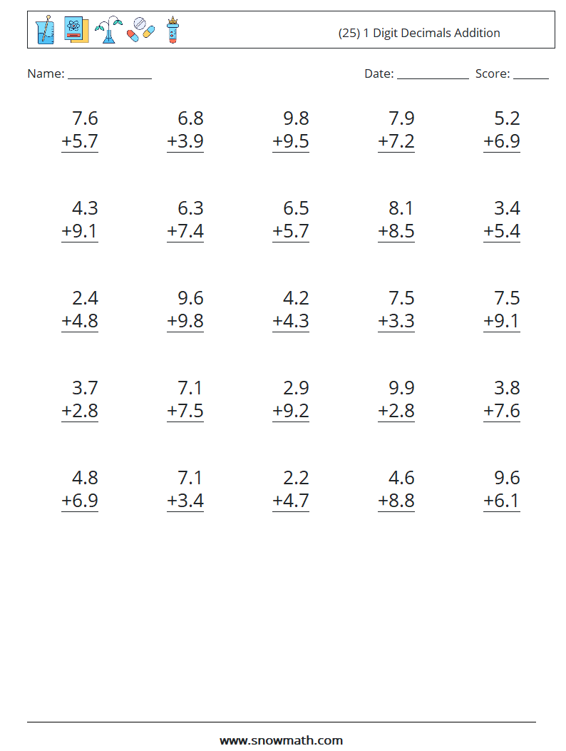 (25) 1 Digit Decimals Addition Maths Worksheets 9