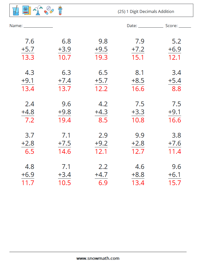 (25) 1 Digit Decimals Addition Maths Worksheets 9 Question, Answer