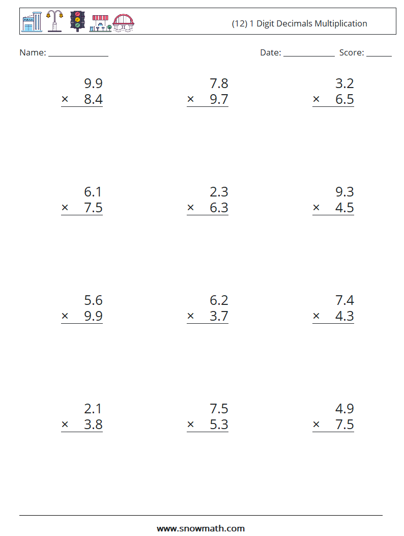 (12) 1 Digit Decimals Multiplication Maths Worksheets 10