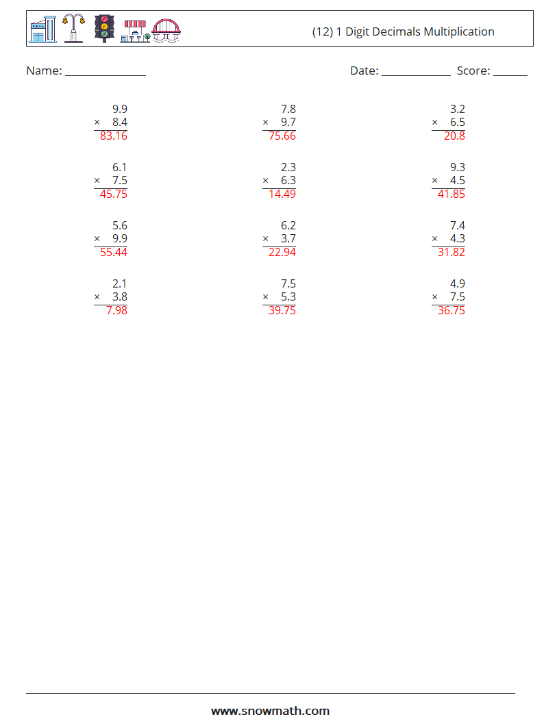 (12) 1 Digit Decimals Multiplication Maths Worksheets 10 Question, Answer