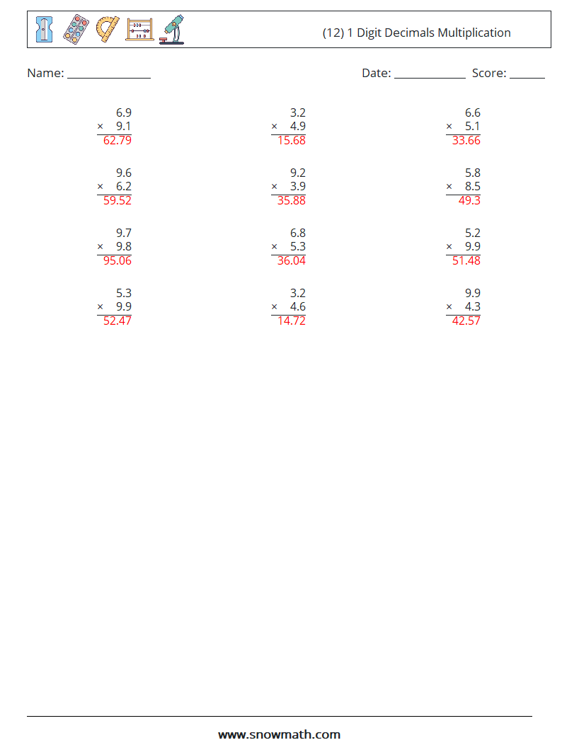 (12) 1 Digit Decimals Multiplication Maths Worksheets 11 Question, Answer