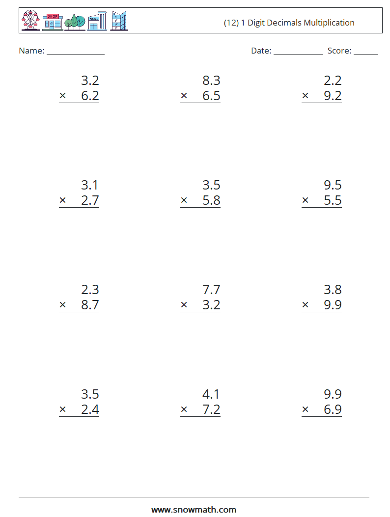 (12) 1 Digit Decimals Multiplication Maths Worksheets 12