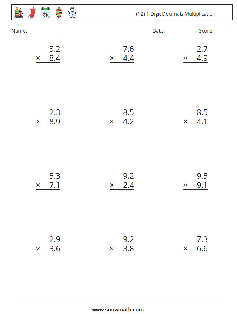 (12) 1 Digit Decimals Multiplication Maths Worksheets 13