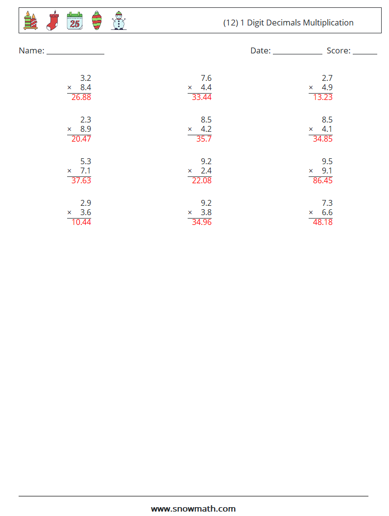 (12) 1 Digit Decimals Multiplication Maths Worksheets 13 Question, Answer