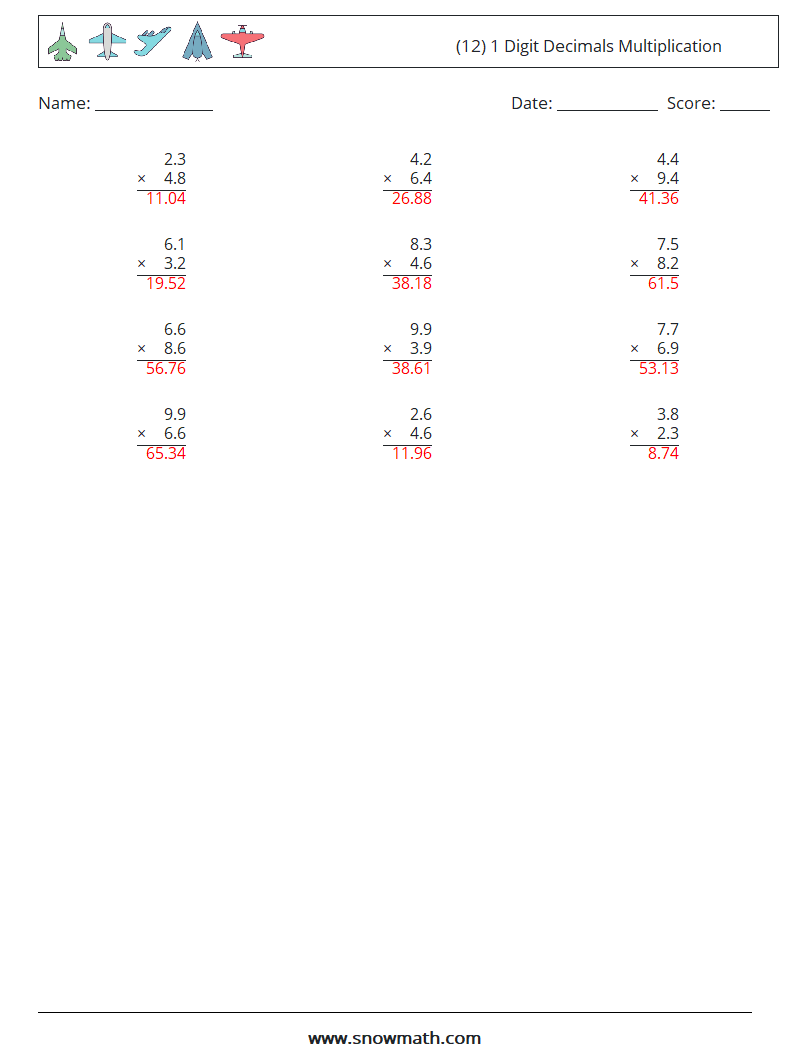 (12) 1 Digit Decimals Multiplication Maths Worksheets 14 Question, Answer